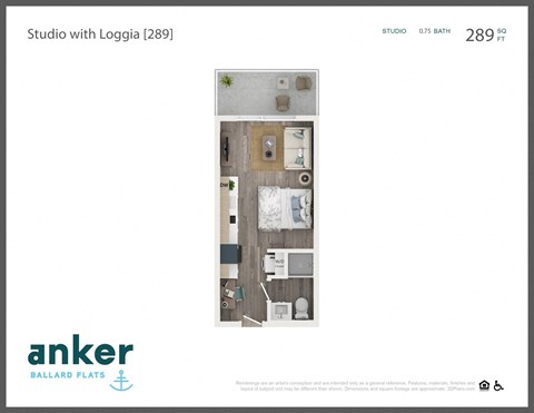 Floor plan for studio, 1 bath, 289 sqft